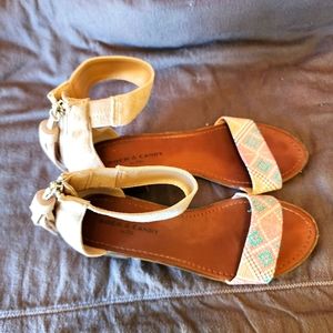 Rock Candy size 8 pink, blue, tan women's boho sandals with tassels.